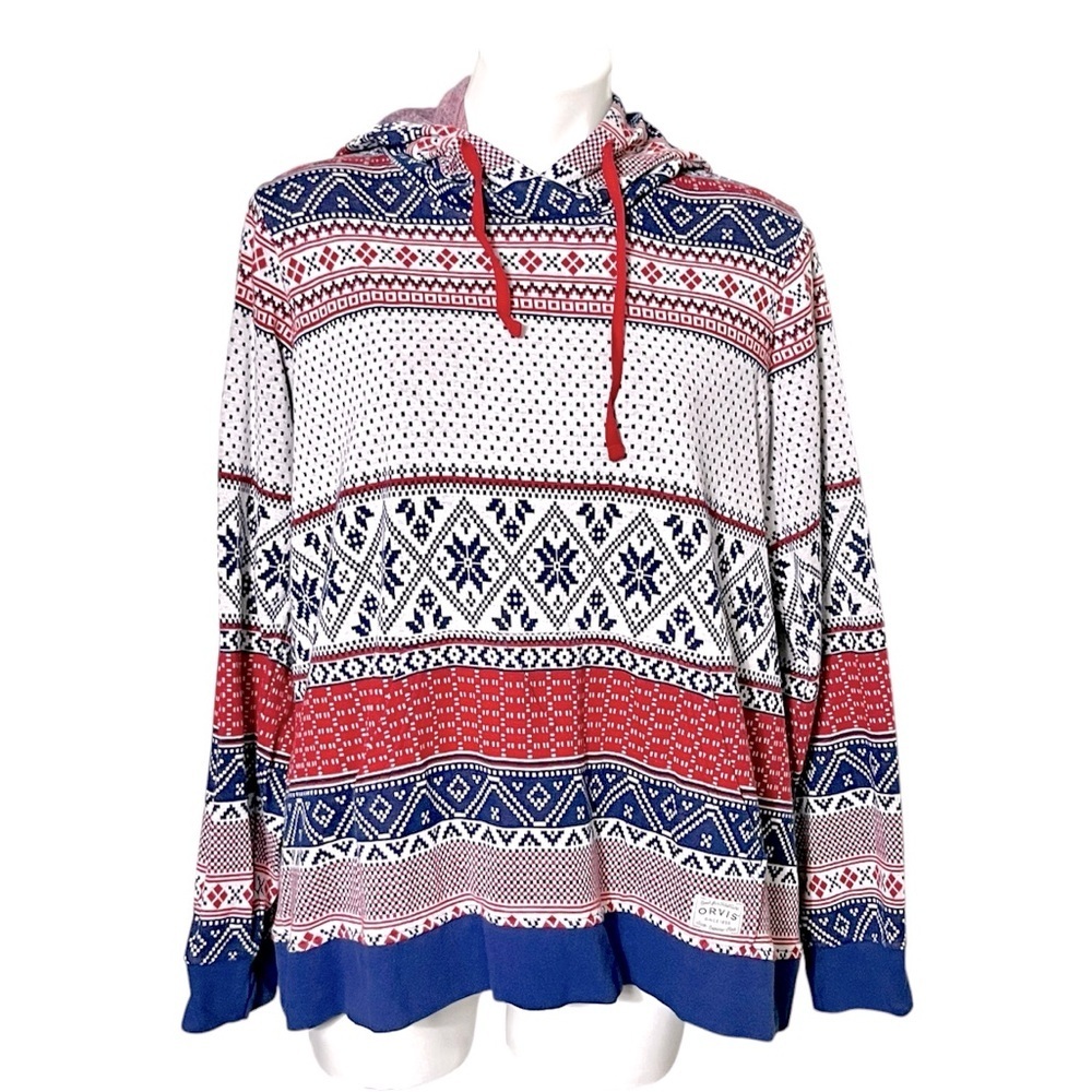 Orvis Fair Isle Hoodie Pullover Size X Large Red/White/Blue